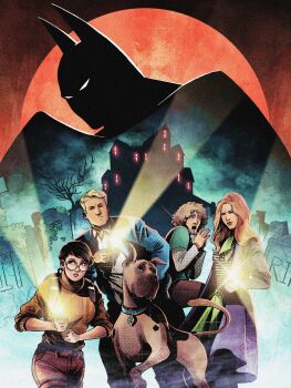 Rule 34 | 2girls, 3boys, animal, ascot, batman, batman (series), blonde hair, blue collar, blue jacket, brown hair, brown pants, building, closed eyes, coat, colin craker, collar, collared shirt, commentary, daphne blake, dc comics, dog, english commentary, flashlight, fred jones, full moon, glasses, glowing, glowing eyes, green ascot, green shirt, highres, jacket, layered sleeves, long coat, long hair, long sleeves, moon, multiple boys, multiple girls, open mouth, orange sweater, pants, purple coat, round eyewear, scooby-doo, scooby-doo (series), shaggy rogers, shirt, short hair, short over long sleeves, short sleeves, silhouette, sweater, tree, velma dinkley, white shirt