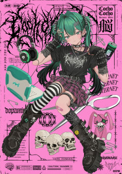 1girl absurdres album_cover asymmetrical_legwear bandaid bandaid_on_knee bandaid_on_leg black_boots black_choker black_gloves black_shirt boots character_request choker commentary_request computer copyright_request cover detached_sleeves drink earphones english_text fingerless_gloves gishiki_(gshk) gloves gothic_(font) gothic_punk green_hair hair_ornament hairclip hatsune_miku highres jewelry laptop original paperclip pendant pink_background shirt simple_background skirt skull socks solo t-shirt thighhighs twintails vocaloid