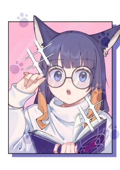 1girl absurdres bespectacled blue_eyes blunt_bangs book border commentary glasses highres holding holding_book hololive hololive_english kemonomimi_mode looking_at_viewer mole mole_under_eye multicolored_hair ninomae_ina'nis open_mouth orange_hair paw_print purple_hair round_eyewear shirt solo teeth tentacleluver turtleneck turtleneck_shirt two-tone_hair upper_body upper_teeth_only virtual_youtuber white_border white_shirt