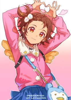 1girl :3 arms_up artist_name backpack bag blue_skirt brown_hair closed_mouth cowboy_shot four-finger_heart_hands hair_ornament hashtag-only_commentary heart heart_hands highres jacket lavasongmoran long_sleeves looking_at_viewer medalist_(manga) one_side_up pink_jacket pleated_skirt pom_pom_(clothes) pom_pom_hair_ornament red_eyes short_hair skirt smile solo yuitsuka_inori