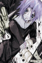 Rule 34 | 1other, ambiguous gender, androgynous, black blood, black dress, blood, blood drop, blood from mouth, blood on face, crona (soul eater), dress, grey eyes, hand on own arm, highres, holding, holding sword, holding weapon, looking at viewer, purple hair, ragnarok (demon sword), sleeve cuffs, soul eater, sword, wa noko, weapon