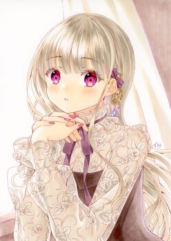 1girl bow brown_hair commentary_request earrings fingernails hair_bow hands_up highres jewelry lace lace_sleeves long_hair long_sleeves looking_at_viewer marker_(medium) nail_polish neck_ribbon original osumi_izumi parted_lips purple_bow purple_eyes purple_nails purple_ribbon red_shirt ribbon see-through_cleavage see-through_clothes shirt solo straight_hair traditional_media upper_body