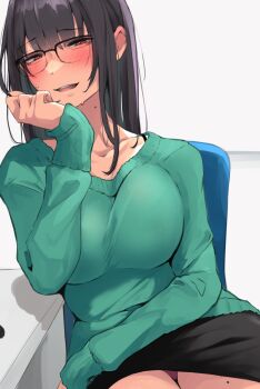1girl akiyama_cz4a arm_under_breasts black_hair black_skirt blush bra_strap breasts chair collarbone computer ears_visible_through_hair embarrassed flustered glasses green_sweater hand_on_own_face hand_rest highres hime_cut laptop large_breasts long_hair long_sleeves miniskirt mole mole_on_neck mole_on_thigh narrowed_eyes open_mouth orange_eyes original panties panty_peek pink_panties sitting skirt sleeves_past_wrists smile solo sweat sweatdrop sweater teeth thick_thighs thighs tongue underwear upper_teeth_only wavy_hair