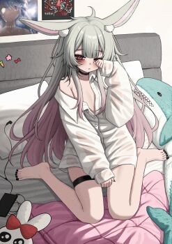1girl absurdres animal_ear_fluff animal_ears bags_under_eyes bandaid bandaid_on_face bandaid_on_nose barefoot black_choker black_nails choker commentary gradient_hair grey_hair highres indie_virtual_youtuber lobsteranian long_hair looking_at_viewer multicolored_hair nail_polish open_mouth paid_reward_available pink_hair rabbit_ears rabbit_girl red_eyes rubbing_eyes sadpocky shirt sitting sleeves_past_wrists solo stuffed_animal stuffed_shark stuffed_toy thigh_strap toenail_polish toenails twintails virtual_youtuber wariza white_shirt