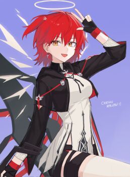 1girl :d arknights arm_up bajigurr black_gloves black_jacket black_shorts corrupted_twitter_file detached_wings earrings exusiai_(arknights) exusiai_the_new_covenant_(arknights) fingerless_gloves gloves hair_between_eyes halo hashtag-only_commentary highres jacket jewelry one_side_up open_mouth purple_background red_hair shirt short_hair shorts smile solo thighhighs traditional_halo w white_halo white_shirt white_thighhighs wings yellow_eyes