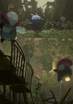 :&gt; absurdres antennae bioluminescence bug chair closed_eyes closed_mouth commentary_request dot_nose flying gen_3_pokemon glowing highres illumise indoors insect_wings ivy king_joe_(neoroto) nintendo open_mouth pokemon pokemon_(creature) pokemon_focus smile volbeat wings wooden_ceiling yellow_eyes