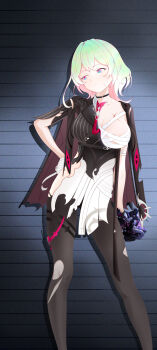 1girl absurdres bandaged_chest black_choker black_jacket black_pantyhose black_shirt breasts choker gradient_hair highres honkai_(series) honkai_impact_3rd jacket jacket_on_shoulders kaerbin lantern_(honkai_impact) large_breasts long_hair multicolored_eyes multicolored_hair necktie pantyhose red_necktie scar scar_on_breasts scar_on_face shirt solo torn_clothes torn_pantyhose torn_shirt two-tone_eyes