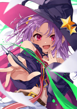 1girl absurdres bare_shoulders black_hat bow bowtie hat highres looking_at_viewer magia_record:_mahou_shoujo_madoka_magica_gaiden magical_girl mahou_shoujo_madoka_magica mamadasky misono_karin open_mouth purple_hair red_eyes smile solo witch_hat