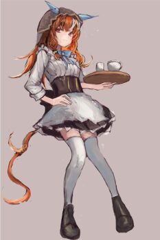 Rule 34 | 1girl, animal ears, black corset, black skirt, black veil, blue bow, bow, breasts, brown hair, closed mouth, commentary request, corset, dress, ear covers, frills, full body, hair between eyes, holding, holding tray, horse ears, horse girl, horse tail, long hair, long sleeves, looking at viewer, red eyes, shoes, skirt, small breasts, smile, solo, still in love (umamusume), tail, thighhighs, tray, umamusume, veil, white dress, white streaks, white thighhighs, yanagi wakana