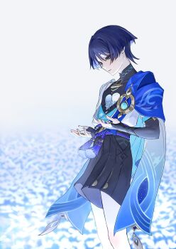 Rule 34 | 1boy, anemo symbol (genshin impact), animal print, belt, bird print, black belt, black bodysuit, black bow, black bridal gauntlets, black hair, black shorts, blue cape, blue gem, blue kimono, blue sleeves, blunt ends, bodysuit, bow, bridal gauntlets, cape, choppy bangs, clothing cutout, colored inner hair, covered collarbone, eyelashes, eyeliner, falling petals, feathers, field, fingernails, flower, flower field, furisode, gem, genshin impact, gold, gold ring, grey eyes, hakama, hakama shorts, half-closed eyes, head down, heart-shaped hole, highres, hip vent, hole in chest, hole on body, japanese clothes, juban, kimono, layered sleeves, legs together, looking down, makeup, male focus, mandarin collar, middle ring, multicolored hair, open clothes, open hands, open kimono, parted lips, petals, pleated shorts, purple hair, purple rope, purple sash, red eyeliner, rope, sash, scaramouche (genshin impact), short sleeves, shorts, shoulder peek, solo, standing, tassel, upper body, uragoi, vision (genshin impact), wanderer (genshin impact), white background, white flower, white kimono, white mouth, white petals, white sleeves, white trim, yellow feathers