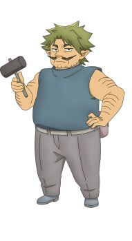 1boy anime_coloring beard belt belt_pouch brown_eyes dungeon_people dwarf facial_hair full_body green_hair grey_belt grey_pants grey_shoes hammer hand_on_own_hip holding holding_hammer looking_at_viewer mature_male muscular muscular_male mustache nakayama_yumi official_art pants pointy_ears pouch rangard_(dungoen_people) shirt shoes simple_background sleeveless solo standing stubble thick_eyebrows transparent_background turtleneck turtleneck_shirt