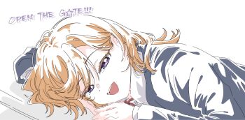 1girl black_jacket collared_shirt commentary dress_shirt half-closed_eyes highres jacket long_hair looking_at_viewer love_live! love_live!_superstar!! lying neck_ribbon on_stomach orange_hair purple_eyes red_ribbon ribbon shibuya_kanon shirt simple_background solo symbol-only_commentary toto_(ke_ke99) white_background white_shirt