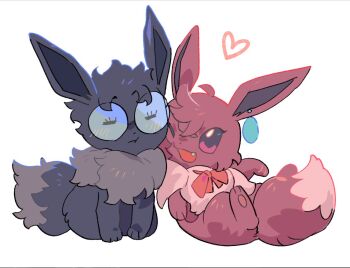 1boy 1girl animal_ears animalization ayase_momo black_fur black_hair blush bow bowtie brown_eyes brown_fur brown_hair cheek-to-cheek closed_mouth dandadan earrings eevee full_body fur_collar gen_1_pokemon glasses heads_together heart jewelry kai_(huikuai2) nintendo no_humans one_eye_closed open_mouth pokemon pokemon_(creature) red_bow red_bowtie round_eyewear simple_background sitting tail takakura_ken_(dandadan) white_background