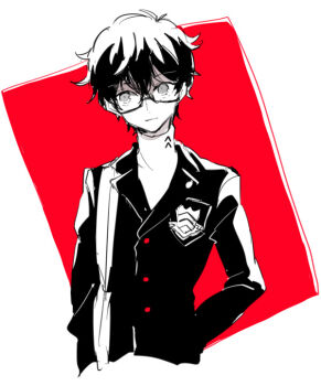 1boy amamiya_ren black-framed_eyewear black_hair closed_mouth cropped_torso double-parted_bangs glasses grey_eyes hair_between_eyes jacket lapels long_sleeves looking_to_the_side male_focus persona persona_5 school_emblem school_uniform shirt short_hair shuujin_academy_school_uniform sideways_glance smcms-m solo turtleneck