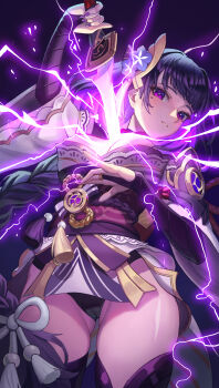 1girl absurdres arm_up armor asymmetrical_sleeves blunt_bangs braid breasts bridal_gauntlets cleavage commentary creno1605 drawing_sword electricity english_commentary genshin_impact glowing glowing_sword glowing_weapon hair_ornament head_tilt highres holding holding_sword holding_weapon human_scabbard japanese_clothes kimono large_breasts lingerie long_braid long_hair looking_at_viewer mitsudomoe_(shape) mole mole_under_eye musou_isshin_(genshin_impact) neck_ribbon parted_lips purple_background purple_eyes purple_hair purple_kimono purple_thighhighs raiden_shogun red_ribbon red_sash ribbon sash shoulder_armor single_braid solo sword sword_between_breasts thighhighs tomoe_(symbol) underwear uneven_sleeves upper_body weapon wide_sleeves