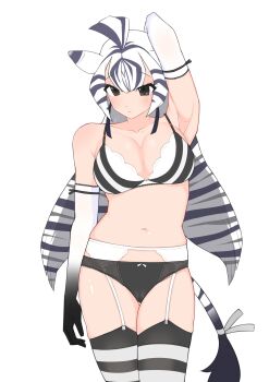 1girl absurdres ahoge animal_ears arm_up armpits black_bra black_gloves black_panties black_thighhighs blunt_bangs blush bra breasts brown_eyes chapman&#039;s_zebra_(kemono_friends) cleavage closed_mouth commentary cowboy_shot expressionless garter_belt gloves gradient_gloves grey_hair highres illu_(illu_stratos) kemono_friends large_breasts long_hair looking_at_viewer navel panties simple_background solo striped_clothes striped_hair striped_thighhighs symbol-only_commentary thighhighs underwear white_background white_garter_belt white_hair white_thighhighs zebra_ears zebra_girl zebra_tail