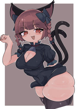 1girl absurdres animal_ears black_bow black_dress black_thighhighs blush border bow braid breasts cat_ears cat_girl cat_tail cleavage cleavage_cutout clothing_cutout comargian commentary_request covered_navel curvy dress fang hair_bow highres kaenbyou_rin large_breasts looking_at_viewer multiple_tails open_mouth red_eyes red_hair short_hair short_sleeves side_braids skin_fang skindentation solo tail thighhighs touhou twin_braids two_tails white_border