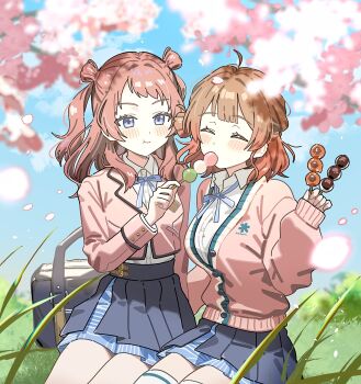 2girls ^_^ ahoge bag black_overskirt blue_ribbon blue_skirt blurry blush brown_cardigan brown_hair brown_jacket cardigan cherry_blossoms closed_eyes commentary_request dango depth_of_field eating falling_petals feeding food gakuen_idolmaster gradient_hair grass hanami_saki hanami_ume hatsuboshi_gakuen_school_uniform highres holding holding_skewer idolmaster jacket multicolored_hair multiple_girls neck_ribbon on_ground orange_hair outdoors petals pleated_skirt ribbon rudee62421 school_bag school_uniform shirt siblings sisters sitting skewer skirt smile two_side_up wagashi white_shirt