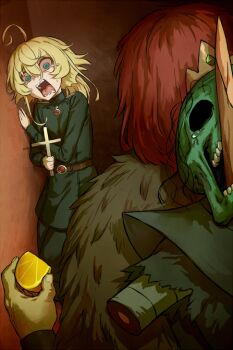 1boy 1girl 1other ahoge amputee barbarian_(dungeon_soup) belt blonde_hair blue_eyes brown_hair cape circlet colored_skin cross food fruit fur_cape gold_circlet green_skin hair_between_eyes haraya_manawari holding holding_cross holding_lemon horrified impaled lemon lemon_slice lich_(dungeon_soup) military_uniform missing_eye open_mouth tanya_degurechaff tears youjo_senki