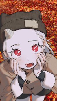 1girl autumn_leaves beanie black_shorts boku_no_hero_academia brown_coat coat commentary eri_(boku_no_hero_academia) grey_hair hat highres horns leaf long_hair looking_at_viewer lower_teeth_only open_mouth oru_2ji outdoors red_eyes shorts single_horn solo symbol-only_commentary teeth winter_clothes