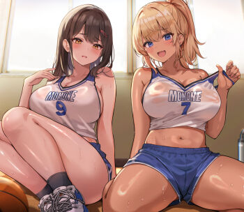 2girls :d bare_arms bare_shoulders blonde_hair blue_eyes blue_shorts blush breasts brown_eyes brown_hair commentary_request gyaru hair_ornament hairclip highres kihou_no_gotoku_dmc large_breasts long_hair looking_at_viewer multiple_girls navel open_mouth original parted_lips ponytail short_shorts shorts sitting smile stomach thighs wariza