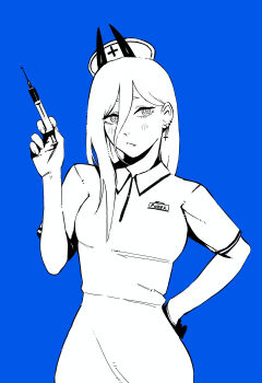1girl blue_background chainsaw_man cross-shaped_pupils demon_girl demon_horns dress greyscale_with_colored_background hair_between_eyes hat highres holding holding_syringe horns long_hair long_hair_between_eyes nurse nurse_cap power_(chainsaw_man) simple_background solo symbol-shaped_pupils syringe tomatoketchup96