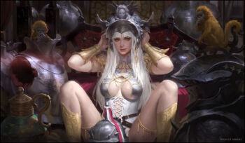 1girl armor bad_deviantart_id bad_id blunt_bangs bracer breasts center_opening cleavage cleavage_cutout clothing_cutout female_focus greaves hair_over_shoulder helmet hime_cut kilart lace-up_top large_breasts lips long_hair monkey nose original realistic sitting solo spread_legs throne white_hair