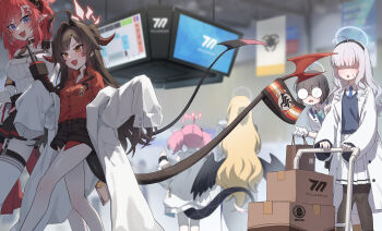 6+girls absurdres ahoge ayumu_(blue_archive) black_hair black_horns black_shorts black_tail black_wings blonde_hair blue_archive blue_eyes blue_halo blue_necktie blue_sweater_vest breasts brown_eyes cleavage clothes_around_waist coat coat_partially_removed demon_horns demon_tail feathered_wings glasses goggles goggles_on_head grey_hair hair_between_eyes hair_intakes hair_over_eyes halo highres horns jacket jacket_around_waist kasumi_(blue_archive) kokukyukeo lab_coat large_breasts long_hair long_sleeves megu_(blue_archive) millennium_science_school_student_(blue_archive) millennium_science_school_student_a_(blue_archive) millennium_science_school_student_b_(blue_archive) momoka_(blue_archive) multiple_girls necktie open_mouth pink_hair pointy_ears ponytail red_hair red_halo red_horns red_shirt school_uniform shirt shirt_tucked_in short_shorts shorts sleeves_past_fingers sleeves_past_wrists small_breasts sweater_vest tail tank_top twintails very_long_hair walkie-talkie walking white_coat white_tank_top wings