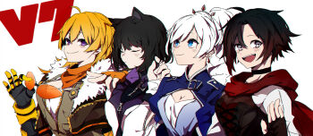 4girls :d ahoge animal_ears black_choker black_hair blake_belladonna blonde_hair blue_eyes braid braided_ponytail breasts cat_ears cat_girl choker cleavage earrings esu_(transc) fingerless_gloves gloves gradient_hair grey_eyes holding holding_removed_eyewear jacket jewelry large_breasts long_hair looking_at_viewer medium_breasts multicolored_hair multiple_girls open_mouth prosthesis prosthetic_arm purple_eyes red_hair ruby_rose rwby scar scar_across_eye scar_on_face scarf short_hair smile unworn_eyewear upper_body very_long_hair weiss_schnee white_hair yang_xiao_long