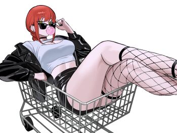 Rule 34 | 1girl, adjusting eyewear, asymmetrical legwear, black-framed eyewear, black choker, black jacket, black nails, black skirt, braid, braided ponytail, breasts, chainsaw man, chewing gum, choker, cleavage, crop top, ear piercing, fishnet thighhighs, fishnets, highres, in shopping cart, jacket, large breasts, makima (chainsaw man), midriff, miniskirt, open clothes, open jacket, piercing, red hair, ringed eyes, shirt, shopping cart, simple background, sitting, skirt, solo, sunglasses, thighhighs, thighs, uneven legwear, white background, white shirt, yellow eyes, zeon (zzeeonn)