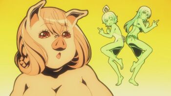 animal_ears aqua_(tsuki_ga_michibiku_isekai_douchuu) breasts ema_(tsuki_ga_michibiku_isekai_douchuu) eris_(tsuki_ga_michibiku_isekai_douchuu) large_breasts nude pig_ears pig_girl pig_nose screencap tsuki_ga_michibiku_isekai_douchuu