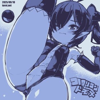 1girl ahoge armpits backbeako_(torotei) backbeard bare_shoulders blue_background blue_theme blush breasts commentary cowboy_shot dated dated_commentary elbow_gloves gegege_no_kitarou gloves hair_over_one_eye hair_ribbon kono_lolicon_domome leg_lift leotard long_hair looking_at_viewer monochrome necktie one_eye_closed original paid_reward_available petite pointy_ears ribbon simple_background small_breasts solo split standing standing_on_one_leg standing_split thighhighs thighs torotei translated twintails variant_set watermark wavy_mouth web_address