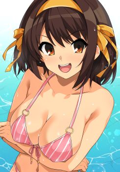 Rule 34 | 1girl, :d, absurdres, arms under breasts, bikini, breasts, brown eyes, brown hair, cleavage, collarbone, covered erect nipples, hair ribbon, hairband, haruhisky, highres, large breasts, navel, open mouth, pink bikini, ribbon, smile, solo, stomach, striped bikini, striped clothes, suzumiya haruhi, suzumiya haruhi no yuuutsu, swimsuit, teeth, tongue, upper teeth only, vertical-striped bikini, vertical-striped clothes, water, wet, yellow hairband, yellow ribbon
