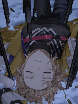 1girl absurdres black_pants black_shirt breasts brown_hair character_request closed_eyes copyright_request gun highres matsuhago pants shirt snow solo upside-down weapon