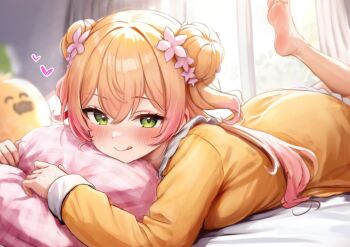1girl :q absurdres alternate_costume barefoot bed_sheet bedroom blonde_hair blurry blurry_background blush breasts commentary crossed_bangs curtains day dot_nose double_bun feet flower foot_up gradient_hair green_eyes hair_between_eyes hair_bun hair_flower hair_ornament head_on_pillow highres hololive hugging_object indoors leg_up long_hair long_sleeves looking_at_viewer lying medium_breasts mochitsuki_karen momosuzu_nene morning multicolored_hair nekko_(momosuzu_nene) on_bed on_stomach orange_pajamas pajamas pillow pillow_hug pink_flower pink_hair revision sleepwear smile soles solo stuffed_toy symbol-only_commentary the_pose toes tongue tongue_out two-tone_hair two_side_up virtual_youtuber window yellow_pajamas