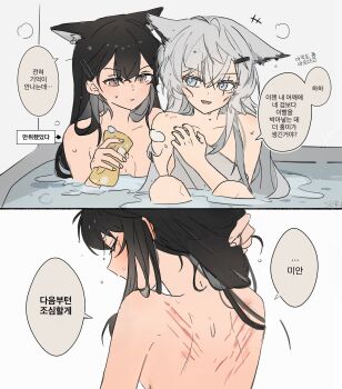 2girls animal_ears arknights bath bite_mark bite_mark_on_shoulder black_hair fang grey_hair hair_ornament hairclip highres lappland_(arknights) long_hair multiple_girls nude open_mouth orange_eyes same-sex_bathing scar scar_across_eye scar_on_face seri_(vyrlw) shared_bathing sponge texas_(arknights) wolf_ears wolf_girl yuri