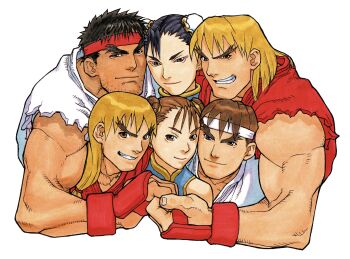 1girl 2boys absurdres age_comparison age_difference age_progression aged_up bandana bara beard_stubble biceps black_hair blonde_hair brown_eyes brown_hair capcom cheek-to-cheek chun-li cropped_torso dark-skinned_male dark_skin double_bun earrings edaki_shin&#039;ya eyeshadow facial_hair fingerless_gloves fist_bump forked_eyebrows gloves group_hug hair_bun headband heads_together highres hug jewelry ken_masters long_hair looking_at_viewer makeup multiple_boys muscular muscular_male official_art red_gloves red_headband ryu_(street_fighter) short_hair smile street_fighter street_fighter_iii_(series) street_fighter_zero_(series) stubble thick_eyebrows