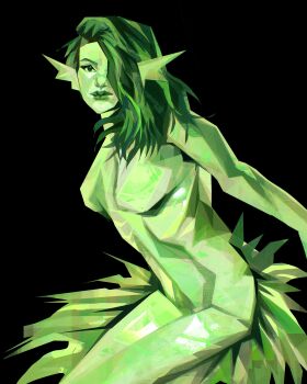 1girl absurdres black_background expressionless green_eyes green_hair green_lips green_theme hair_over_one_eye highres looking_at_viewer medium_hair mermaid messy_hair monster_girl nude original painterly pointy_ears ribs saturated simple_background solo twulfs