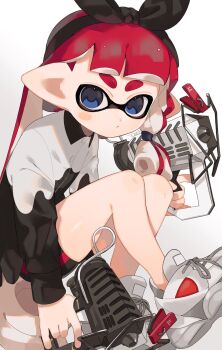 Rule 34 | 1girl, black hairband, black jacket, blue eyes, bow hairband, collared jacket, commentary, glooga dualies (splatoon), hairband, highres, inkling, inkling girl, inkling player character, jacket, long hair, looking at viewer, multicolored jacket, nintendo, pointy ears, red hair, sabata saba, shoes, simple background, solo, splatoon (series), splatoon 2, tentacle hair, thick eyebrows, two-tone jacket, white background, white jacket, white shoes