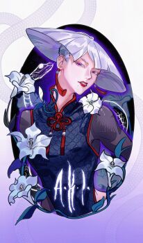 1girl a.k.i._(street_fighter) china_dress chinese_clothes dress earrings flower grey_hair highres impossible_hair jewelry jlxy0907 mole mole_under_mouth parted_lips red_eyes red_lips red_trim scale_print see-through_clothes see-through_sleeves short_hair solo street_fighter street_fighter_6 tassel tassel_earrings white_flower