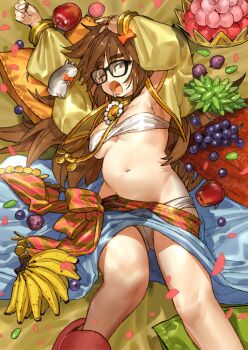 1girl animal apple banana bandeau belly bindi blue_skirt bow breasts brown_eyes brown_hair clothing_cutout cropped_jacket drooling fate/grand_order fate_(series) feet_out_of_frame food food_request fruit game_cg ganesha_(fate) gold_choker grapes groin hair_between_eyes hair_bow hamster hand_on_own_head jacket jewelry loincloth long_hair long_sleeves looking_at_viewer looking_to_the_side looking_up lying medium_breasts mouth_drool navel necklace official_art on_back one_eye_closed open_clothes open_jacket open_mouth plump red_bow red_sash sash shoulder_cutout skirt solo stomach third-party_source underboob wada_arco white_bandeau white_loincloth yawning yellow_jacket