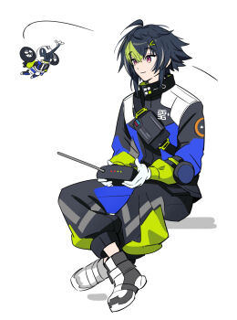 1boy ahoge attsei black_hair commentary_request controller crossed_ankles flying gloves green_hair highres holding holding_remote_control inami_rai inami_rai_(1st_costume) invisible_chair jumpsuit looking_to_the_side male_focus multicolored_hair nijisanji otomo_(inami_rai) remote_control robot sitting smile streaked_hair virtual_youtuber white_background white_gloves