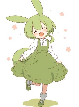 1girl :d ^_^ absurdres animal_ears blush closed_eyes collared_shirt commentary_request dot_nose dress facing_viewer flower_symbol full_body green_dress green_hair green_shoes highres long_hair long_sleeves mary_janes ojou-sama_zundamon open_mouth pinafore_dress ponytail shirt shoes simple_background skirt_hold sleeveless sleeveless_dress smile socks solo standing standing_on_one_leg voiceroid white_background white_shirt white_socks zundamon zungurimukkuri_tarou