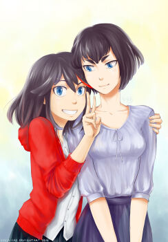 Rule 34 | 10s, 2girls, absurdres, blouse, blue eyes, casual, highres, kill la kill, kiryuuin satsuki, matoi ryuuko, multiple girls, shirt, short hair, siblings, sisters, smile, spoilers, v, watermark, web address, yuria-chu