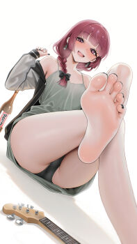 1girl absurdres barefoot bass_guitar blush bocchi_the_rock! bottle braid buko_(bukosuki) crossed_legs feet highres hiroi_kikuri instrument long_hair looking_at_viewer open_mouth panties pantyshot purple_eyes red_hair sake_bottle sharp_teeth single_braid soles teeth toes underwear