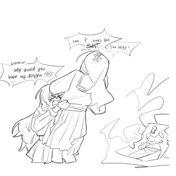 &gt;_&lt; 2girls absurdres bang_dream! bang_dream!_it&#039;s_mygo!!!!! chihaya_anon english_text fang fire greyscale haneoka_school_uniform highres long_sleeves michiiyuri monochrome multiple_girls nagasaki_soyo necktie pleated_skirt sailor_collar school_uniform shirt skirt speech_bubble tears tsukinomori_school_uniform yuri