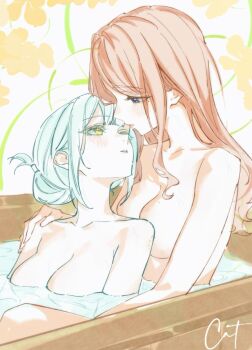 2girls bang_dream! bite_mark bite_mark_on_neck blue_eyes blush breasts brown_hair chinese_commentary cleavage commentary_request green_hair huaxue_maomi long_hair medium_breasts multiple_girls nagasaki_soyo open_mouth same-sex_bathing shared_bathing sidelocks wakaba_mutsumi yellow_eyes yuri