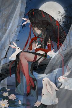 1girl absurdres angell_(path_to_nowhere) anklet armlet asymmetrical_gloves bamboo bamboo_leaf bead_anklet beads black_dress black_footwear black_hair blue_dress braid branch china_dress chinese_clothes chinese_commentary clear_sky commentary dong_feng_feng dress earrings elbow_gloves flower forehead full_body full_moon gloves gradient_hair gradient_thighhighs grey_hair hair_over_shoulder high_heels highres holding holding_umbrella jade_(gemstone) jewelry lily_pad long_hair looking_at_viewer lotus mismatched_gloves moon multicolored_hair night night_sky official_alternate_costume oil-paper_umbrella on_tree parted_bangs path_to_nowhere pond rabbit red_gloves red_thighhighs reflection reflective_liquid side_slit sitting sky solo thighhighs transparent transparent_umbrella two-tone_dress umbrella very_long_hair water white_rabbit_(animal) yellow_eyes