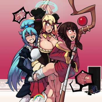 1boy 3futa ahegao aqua_(konosuba) aqua_hair arms_up blonde_hair blue_eyes blush boxman breasts brown_hair cleavage clothed_sex clothes cum cum_in_pussy darkness_(konosuba) dress ejaculation fff_threesome_with_futa_(temporary) futa_with_futa futanari grabbing_from_behind group_sex half-closed_eyes heavy_breathing highres huge_breasts impregnation internal_cumshot kono_subarashii_sekai_ni_shukufuku_wo! large_breasts large_penis leg_grab long_hair love_train lucky_pierre magic maid maid_headdress megumin multiple_futa ovum penis ponytail restrained sex sex_from_behind short_hair small_breasts smile standing standing_sex stick stomach_bulge testicles threesome tongue tongue_out vaginal witch