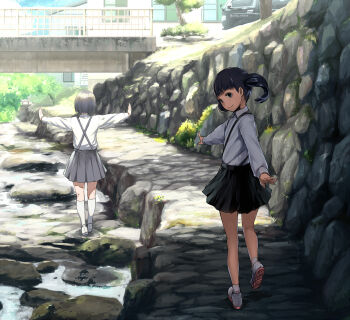 2girls balancing bare_legs black_eyes black_hair black_skirt blunt_bangs bob_cut bridge building canal commentary_request day from_behind grey_skirt highres kneehighs long_hair long_sleeves looking_back moss motor_vehicle multiple_girls original outdoors outstretched_arms path retaining_wall river road rock scenery school_uniform shade shirt shoes short_hair skirt slice_of_life smile sneakers socks sody spread_arms stone_wall sunlight suspenders twintails walking wall water white_legwear white_shirt wrists_extended